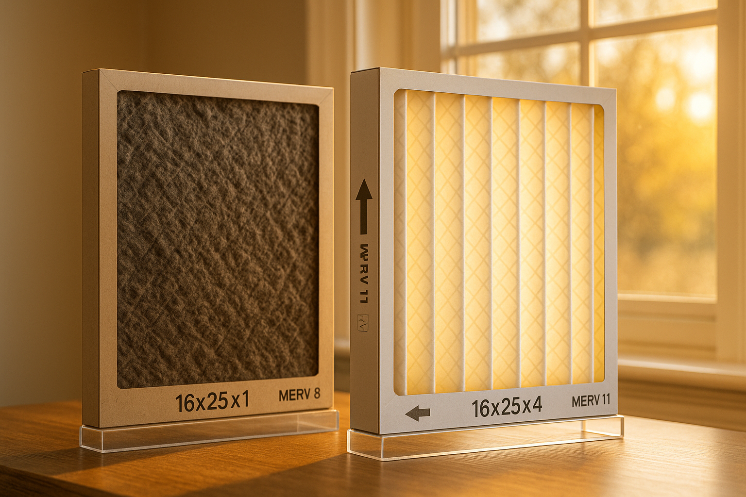 Backlit close-up of dirty 1" filter next to clean 4" media filter, visible frame sizes and MERV, warm window light.