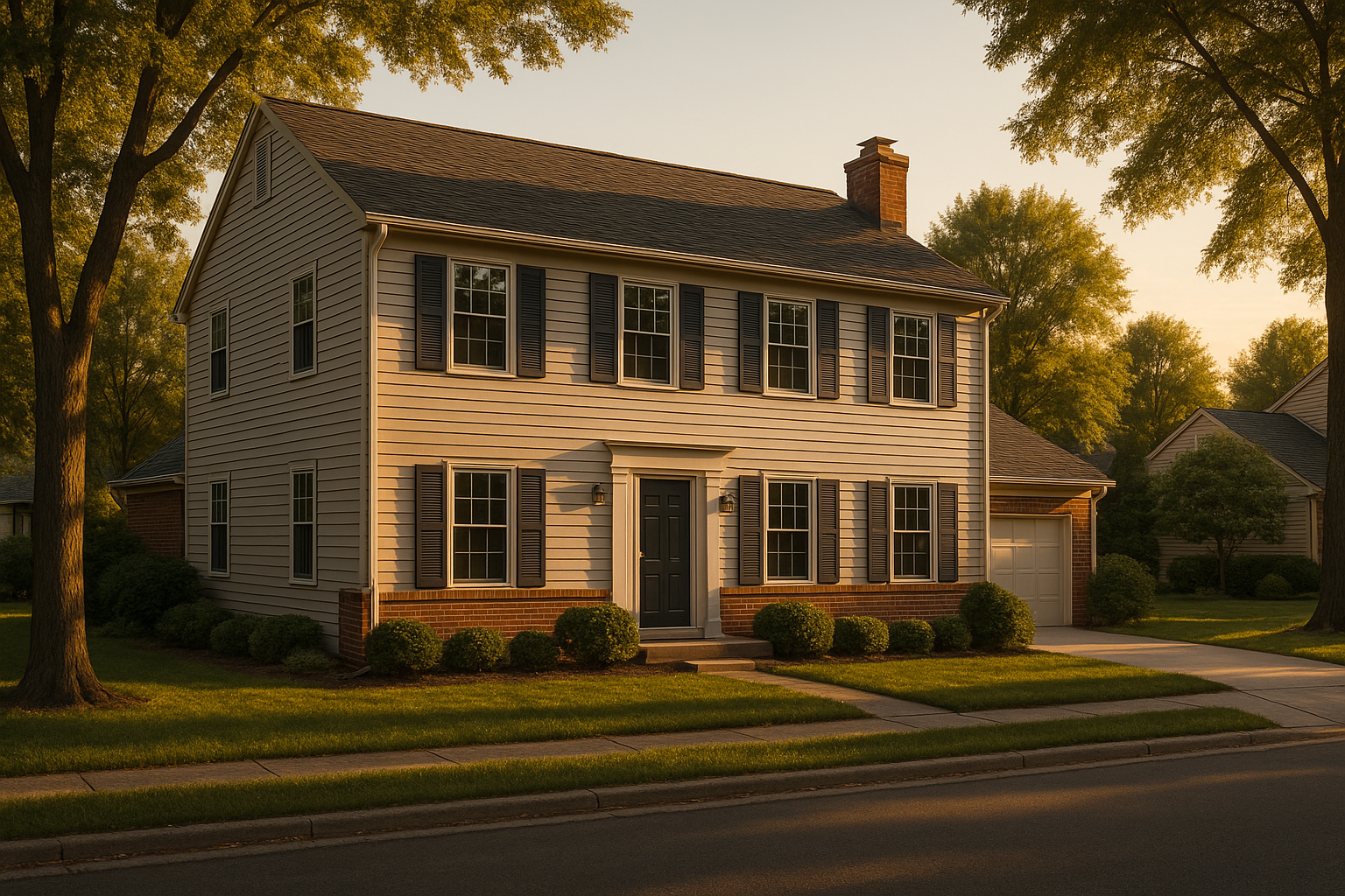 1990s colonial exterior at golden hour; brick foundation, vinyl siding, warm sunlight, suburban Indianapolis street.