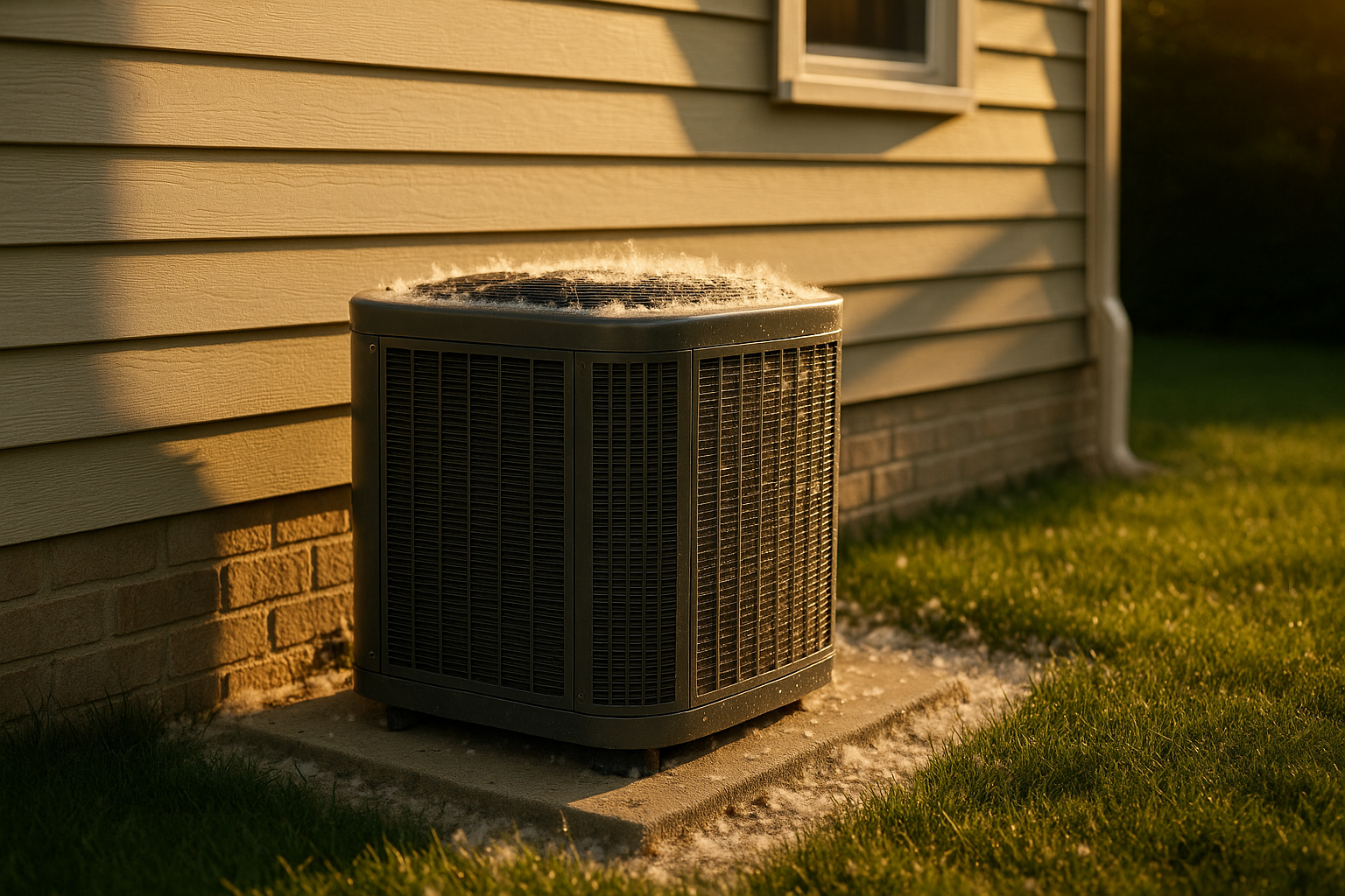 Outdoor condenser by foundation at golden hour with pollen on surfaces and 2–3 ft clearance, suburban yard, detailed metal textures.