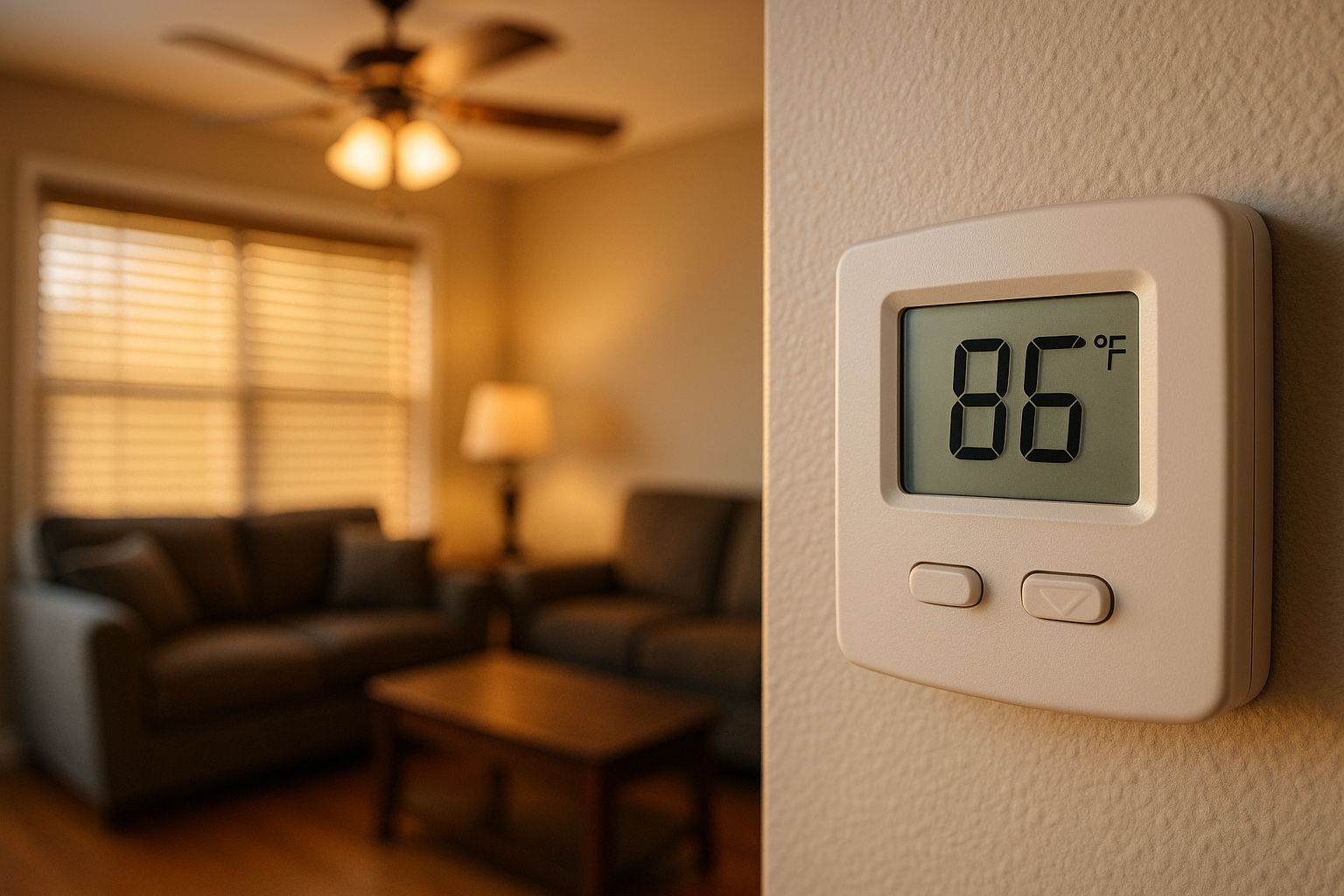 Thermostat reading 86°F in foreground with closed blinds and ceiling fan in warm golden-hour living room, hardwood floors, neutral paint.