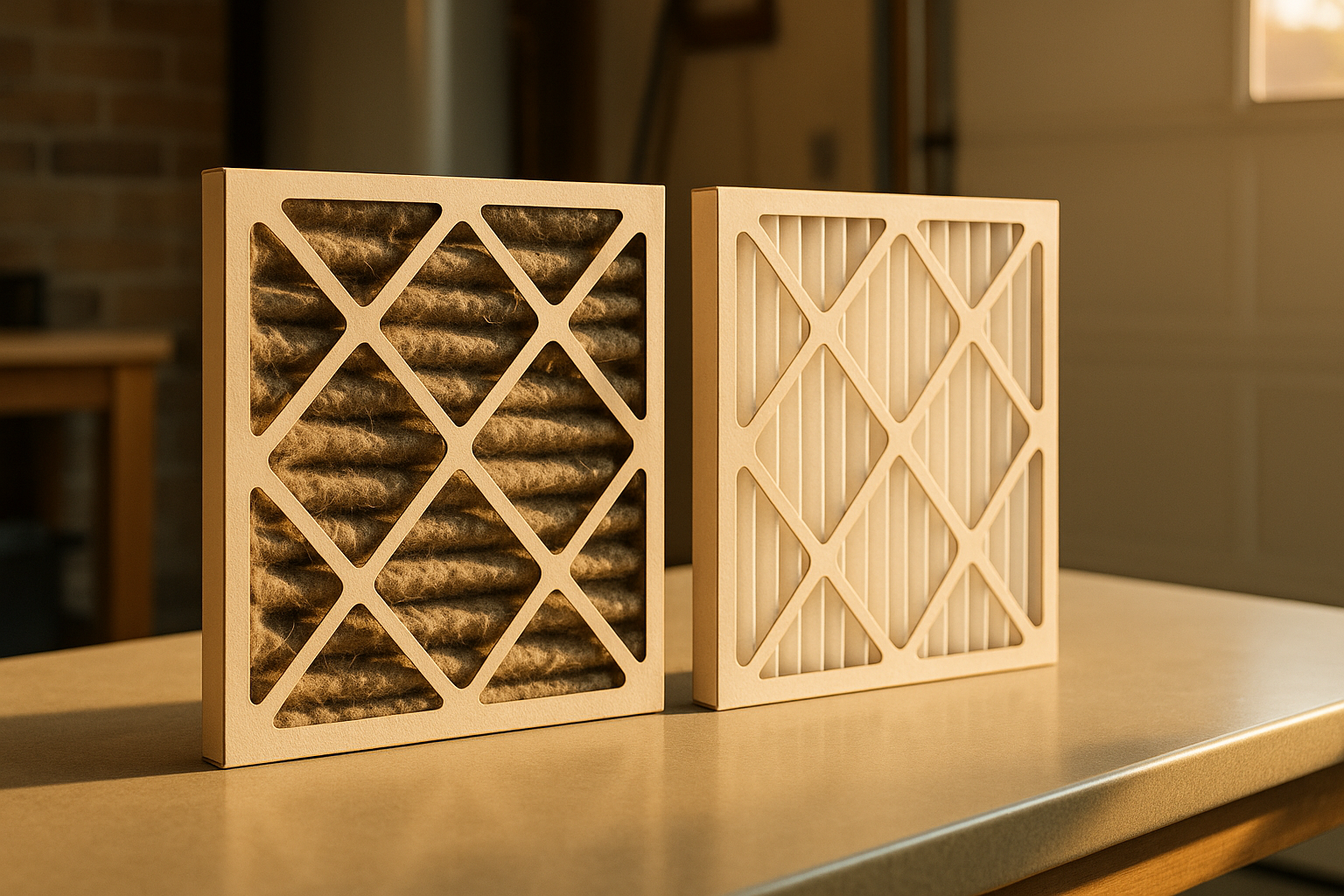 Side-by-side flat close-up of clogged vs. clean 1-inch furnace filters on a bench, warm daylight, high-detail pleats and dust.