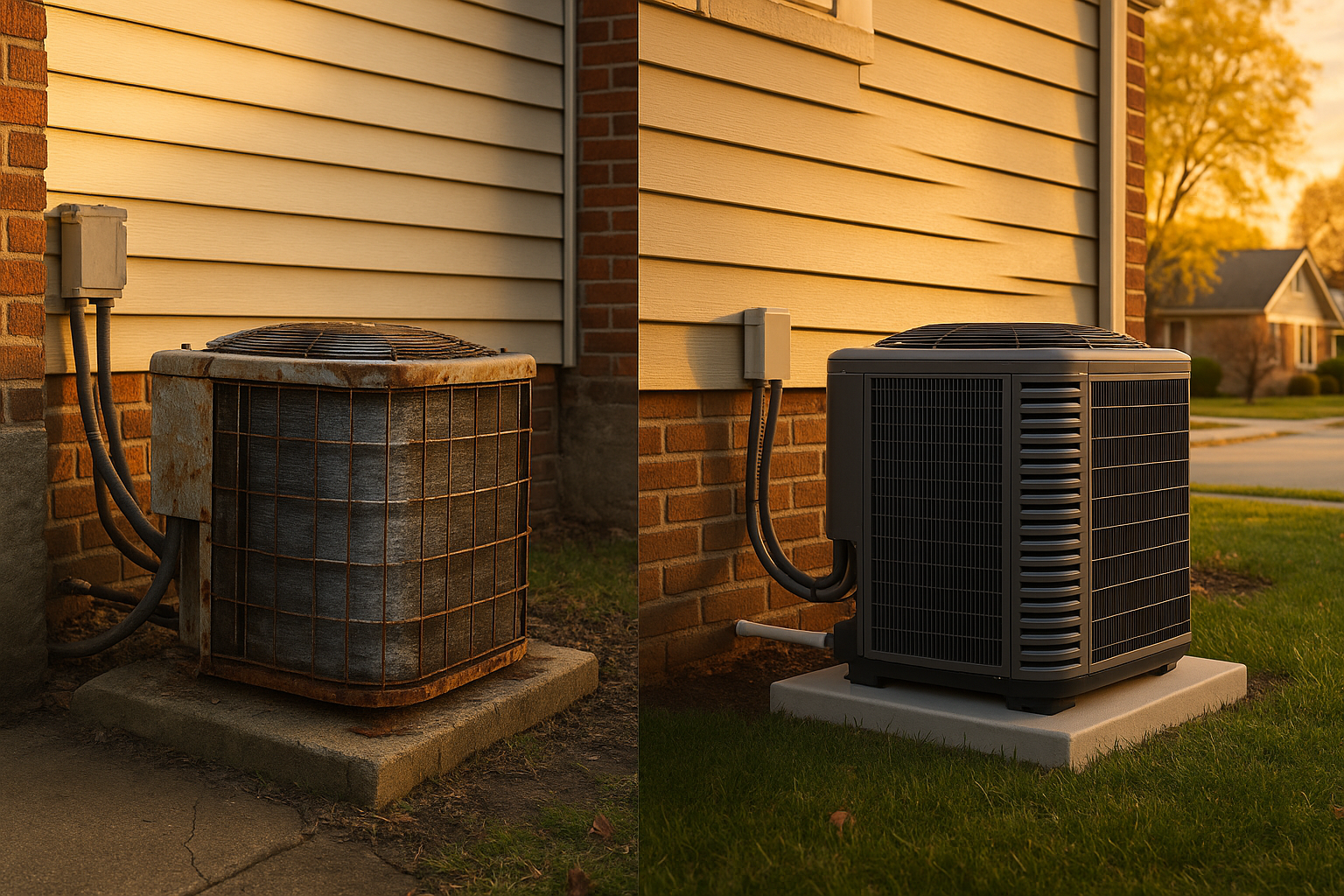 Split-frame exterior: old rusty condenser vs new high-efficiency heat pump by a brick Indianapolis bungalow in golden-hour light.