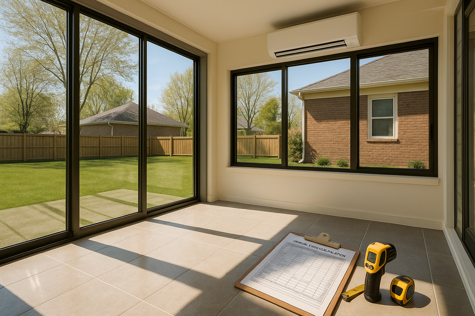 Sunroom with south-facing floor-to-ceiling glass, slab floor, high wall-mounted mini-split and clipboard with Manual J tools in daylight.