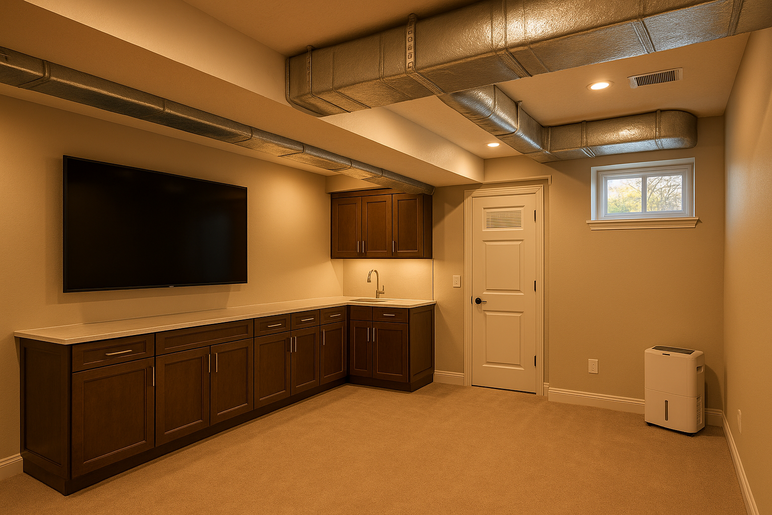 Finished basement media room with low soffit concealing slim rectangular duct and insulated sound-wrapped ducts in warm daylight.