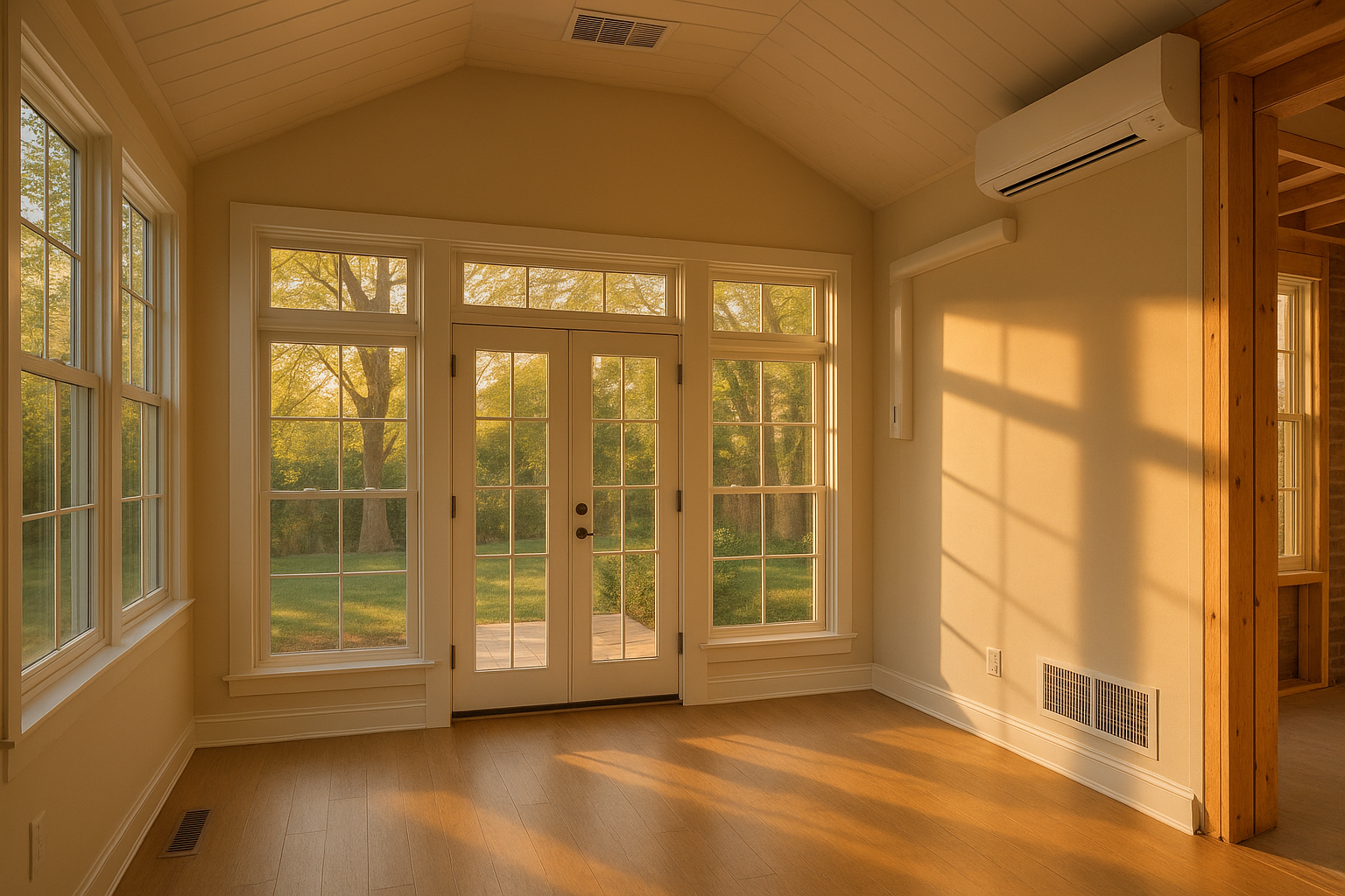 Vaulted sunroom with large windows, supply vent, return grille, wall-mounted ductless head, warm golden-hour light.