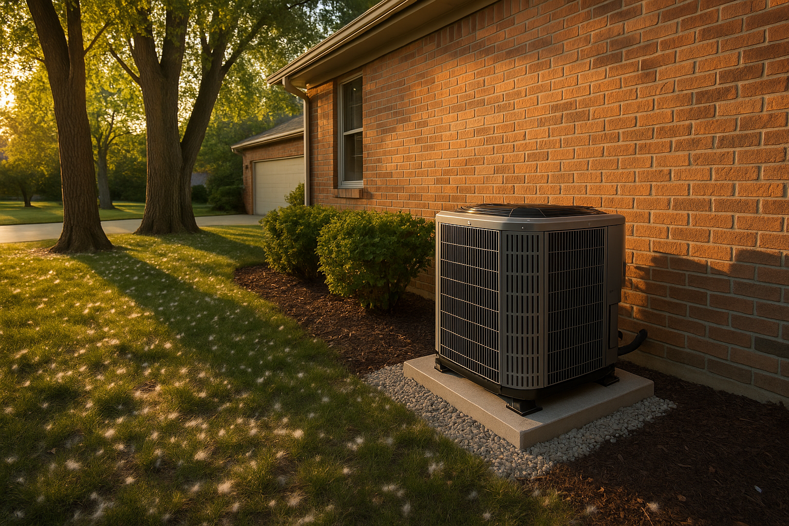 Wide golden-hour side-yard of AC condenser on concrete pad, two-foot clearance, trimmed bushes, cottonwood fluff, brick siding.