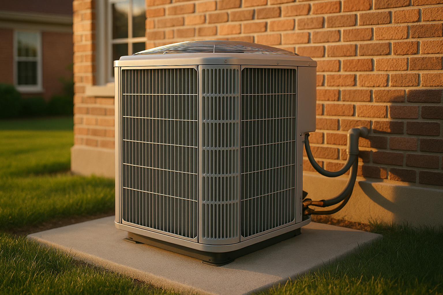 Close-up of clean HVAC condenser fins on a concrete pad, warm golden-hour light, brick house and lawn in background.