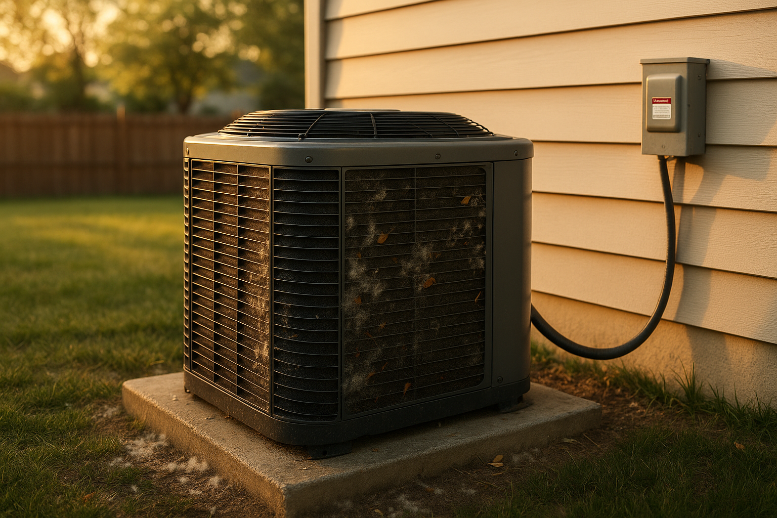 Outdoor AC condenser on tilted concrete pad with cottonwood fluff on coils, gray disconnect box, golden hour suburban yard.