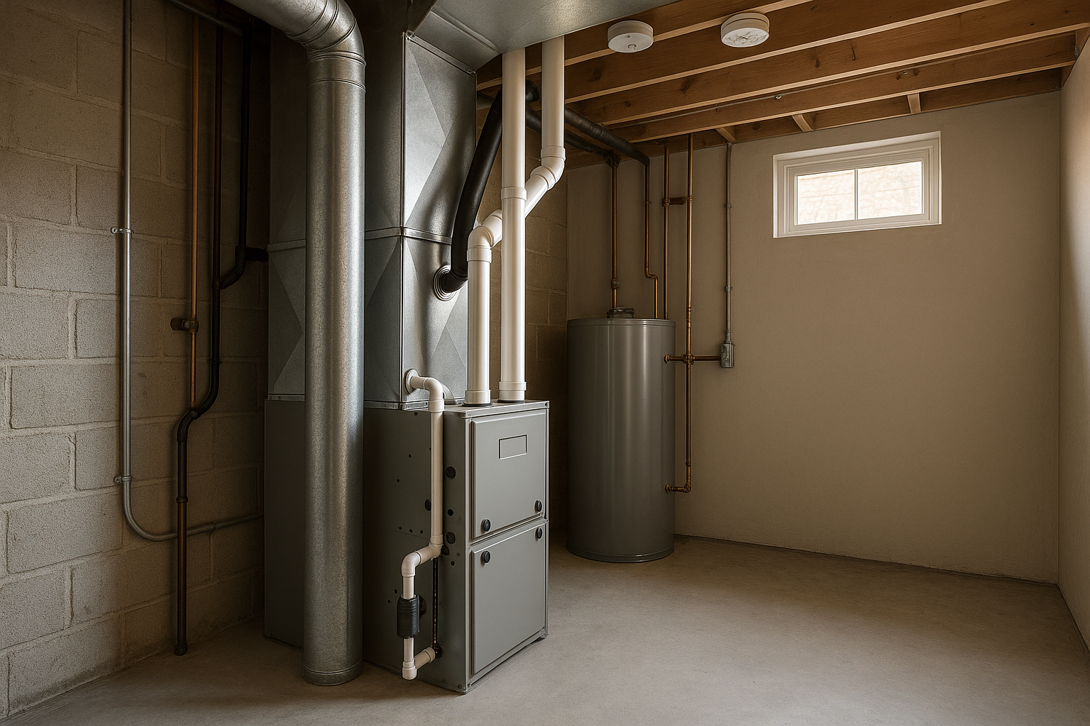Wide mechanical room with modern gas furnace, PVC vents, metal flue, labeled components, warm daylight, tidy installation.