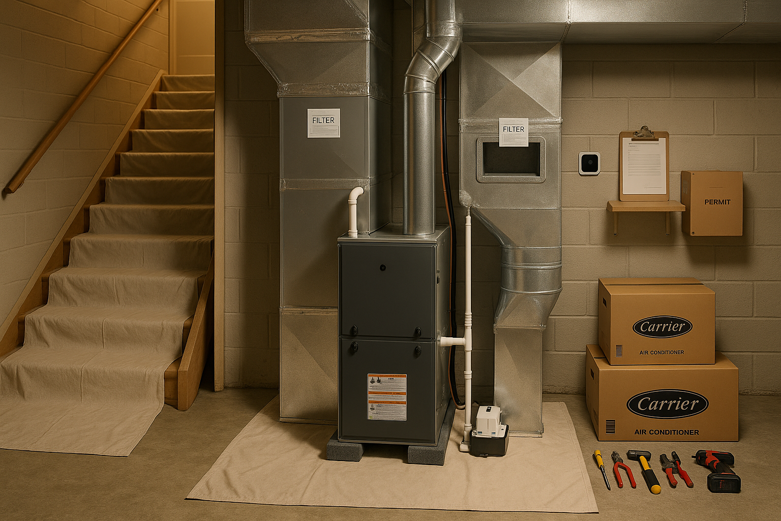Basement equipment room with new air handler staged, sealed ducts, condensate pump, clipboard and permit folder, warm basement light.
