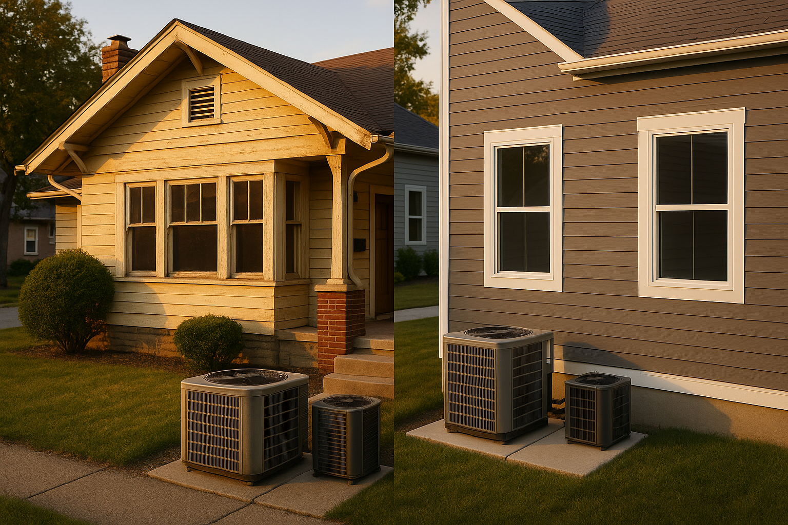 Side-by-side 1920s bungalow and new subdivision home at golden hour with two different-sized outdoor AC condensers.