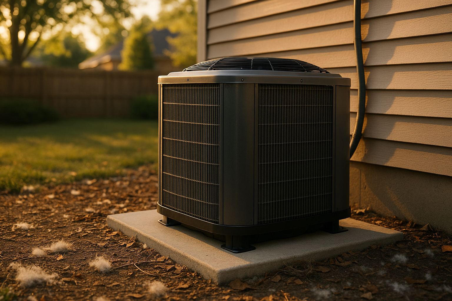 Outdoor condenser with leaves and cottonwood fluff, small nest, warm golden-hour light, suburban backyard concrete pad.