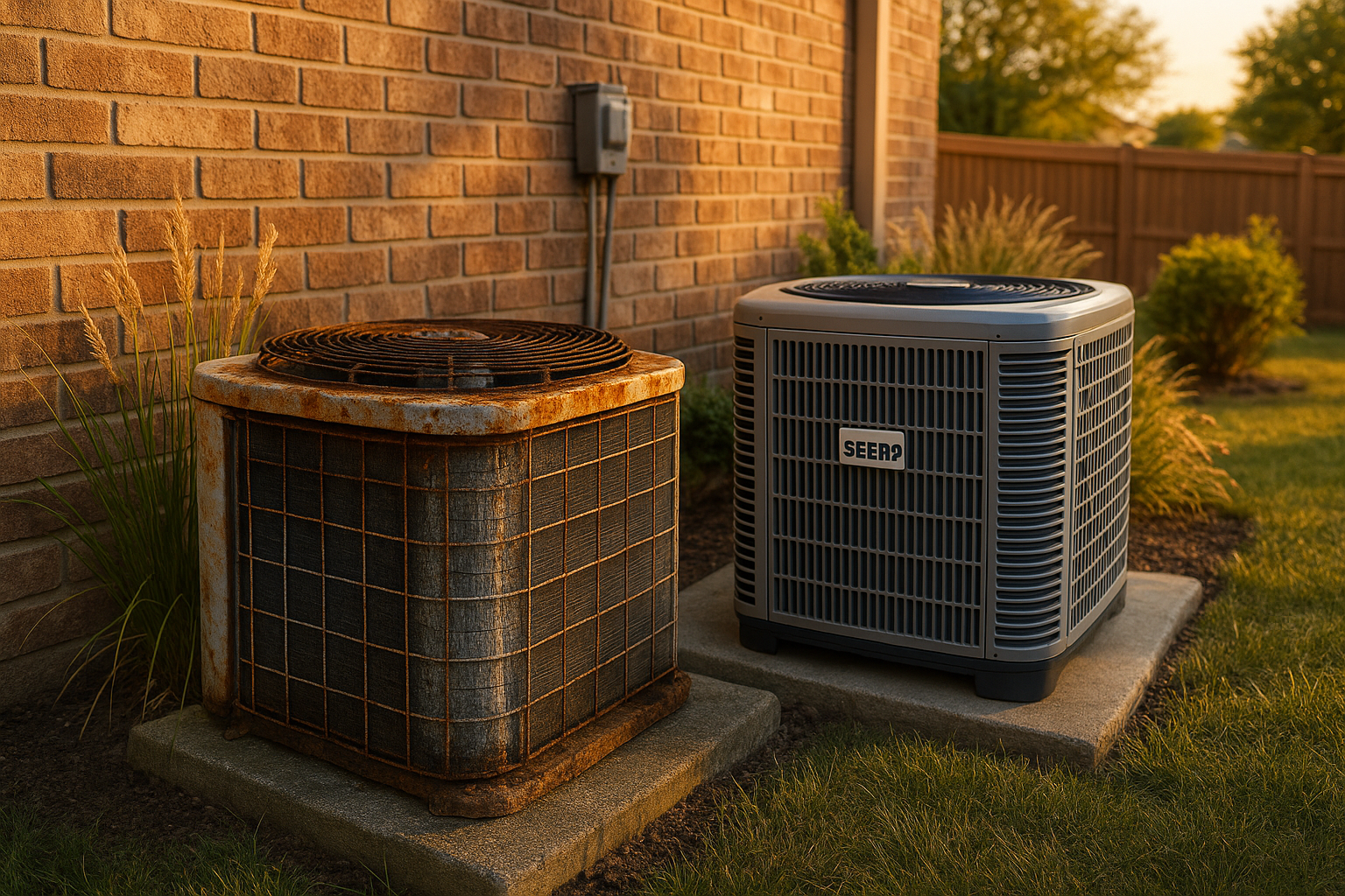 Side-by-side aged rusted condenser and new SEER2 condenser in suburban side yard at golden hour, detailed corrosion and clear 2-ft clearance.
