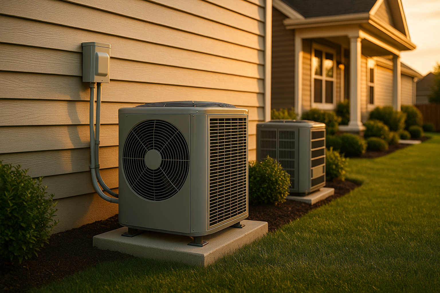 Outdoor heat pump and condenser on concrete pad by suburban home at golden hour, metal fins and siding visible.
