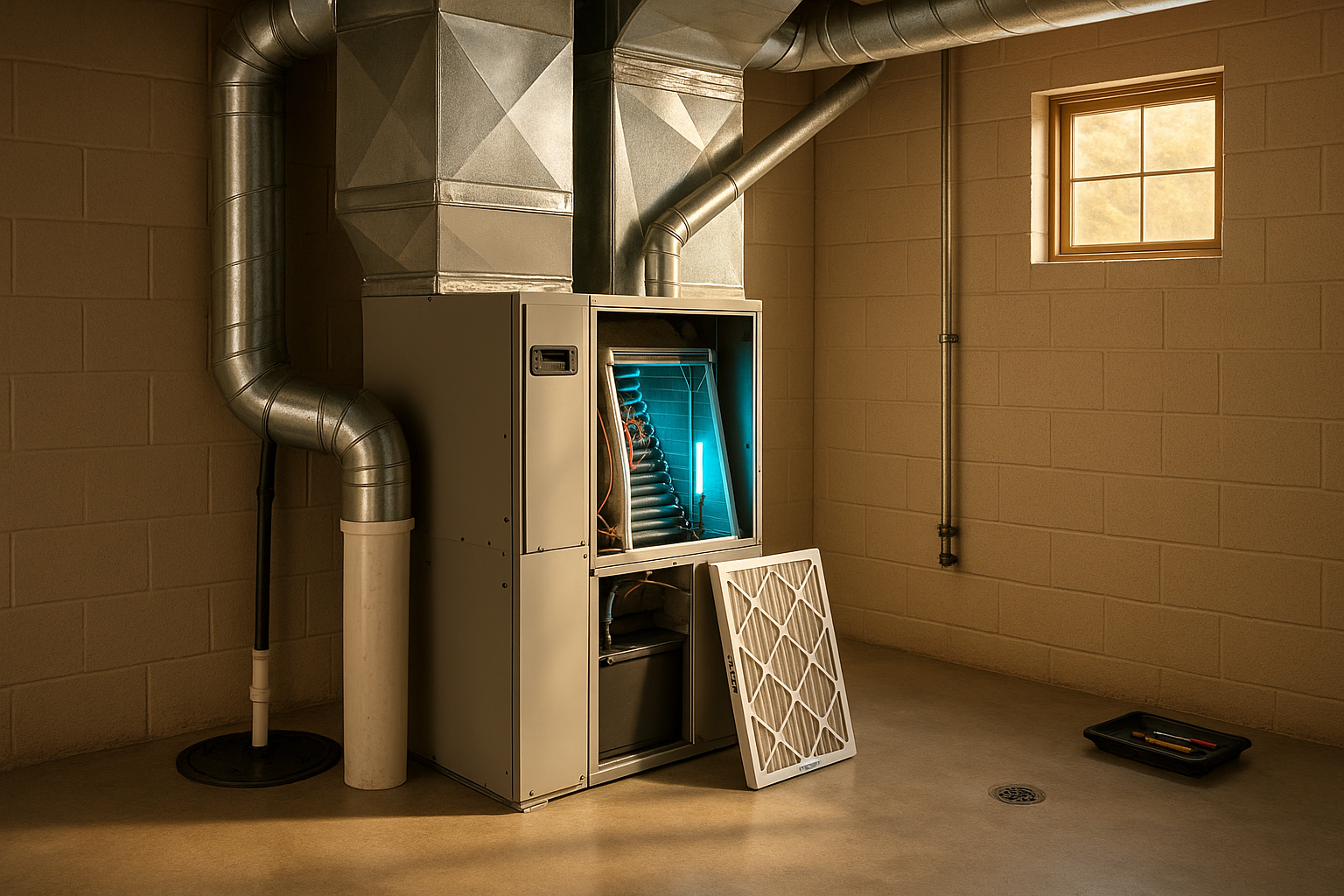 Basement mechanical room with air handler, UV-C lamp illuminating evaporator coil, sump pump, MERV13 filter, warm golden-hour light.