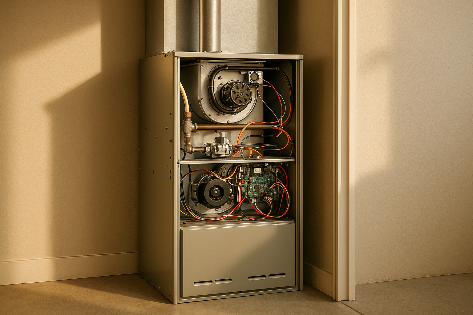 Close-up of furnace cabinet with open control panel in warm-lit utility closet, metal finishes, wiring, drywall and concrete floor.