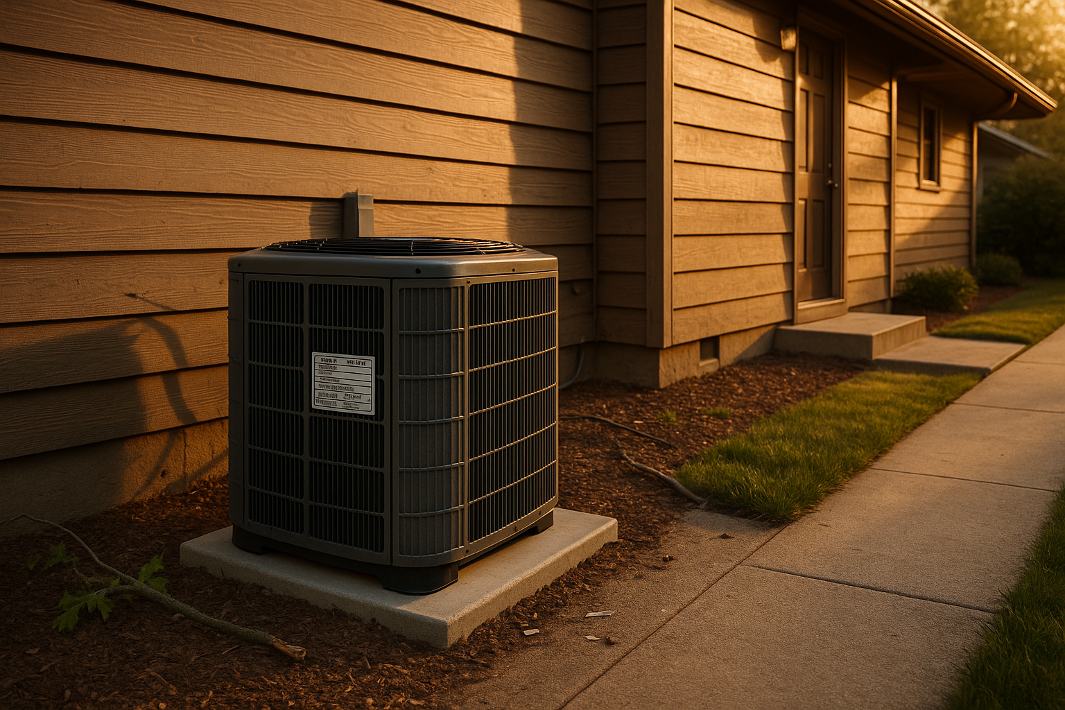 Wide golden‑hour exterior of condenser by house siding, metal rating plate readable, fallen branch debris, concrete pad.
