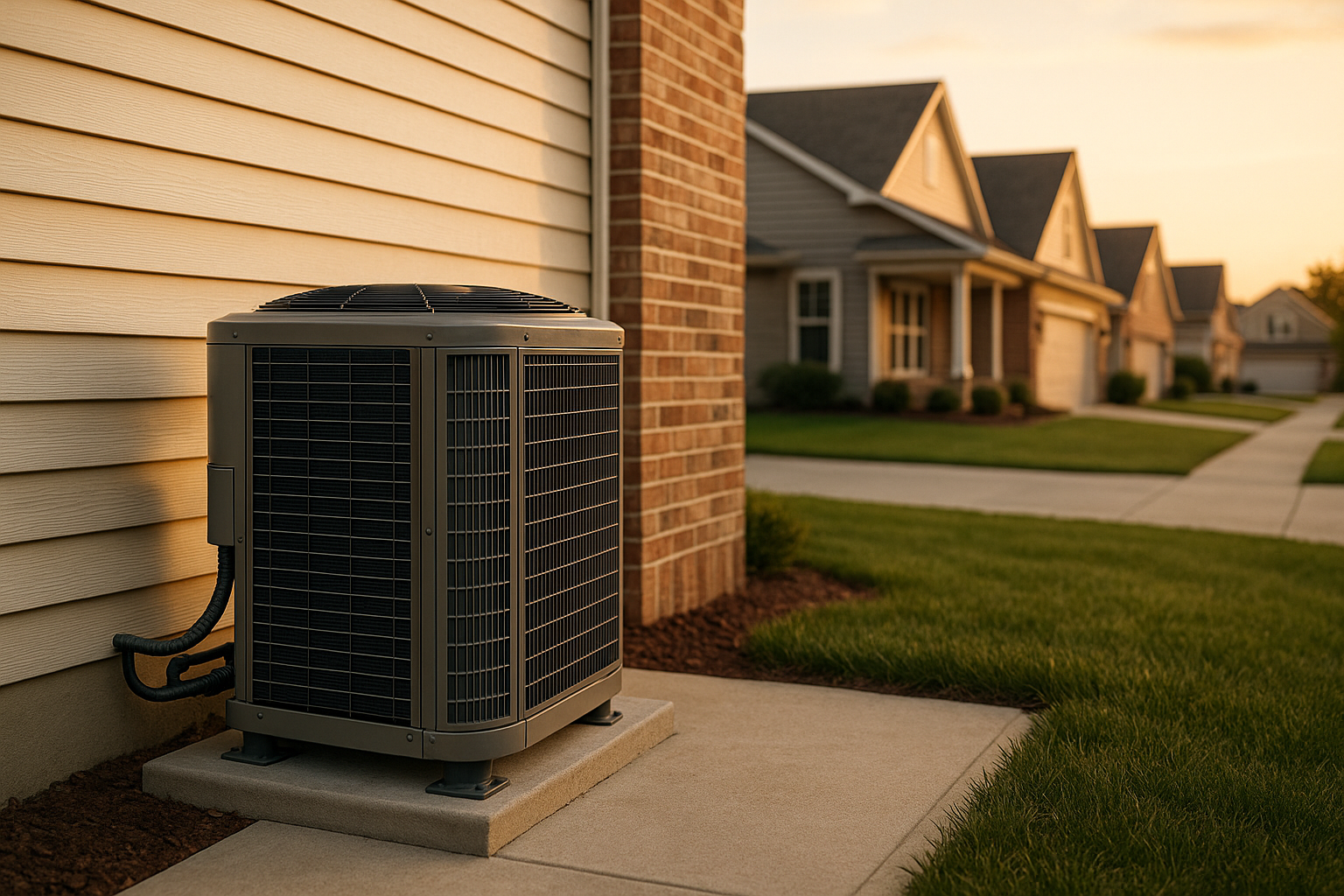 Golden-hour Indianapolis street with a cold-climate air-source heat pump on a concrete pad beside a single-family home.