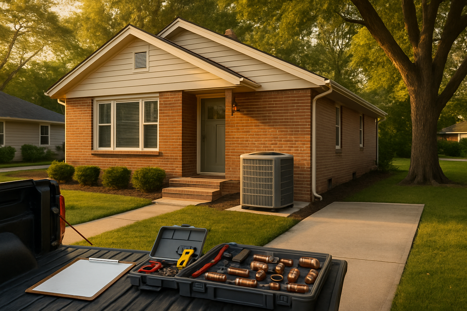 Mid-century Indianapolis house at golden hour with an AC condenser on a concrete pad and organized equipment staging.