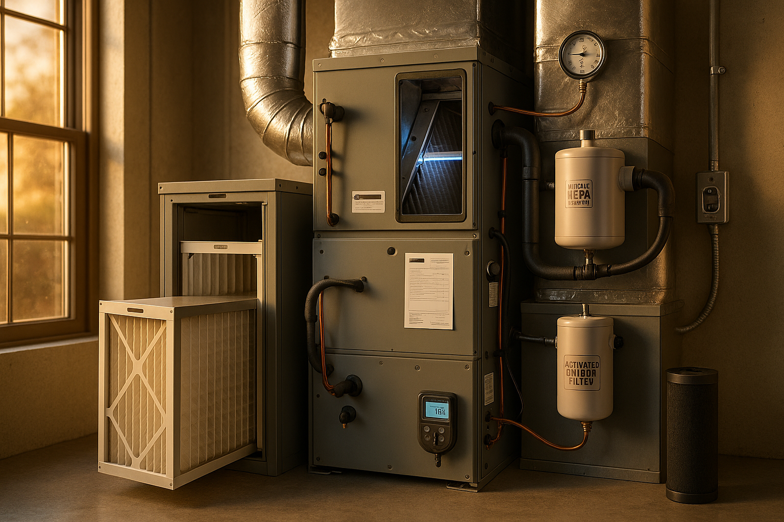 Mechanical closet with furnace, MERV 13 filter, HEPA canister, UV-C tube, gauges in warm golden-hour light.