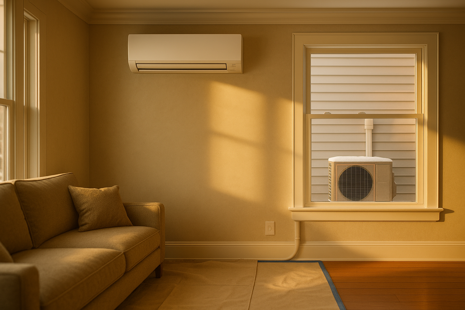 Bungalow living room with high white wall-mounted mini-split, view to condenser on snow stand, insulated line-set in color-matched cover, warm light.