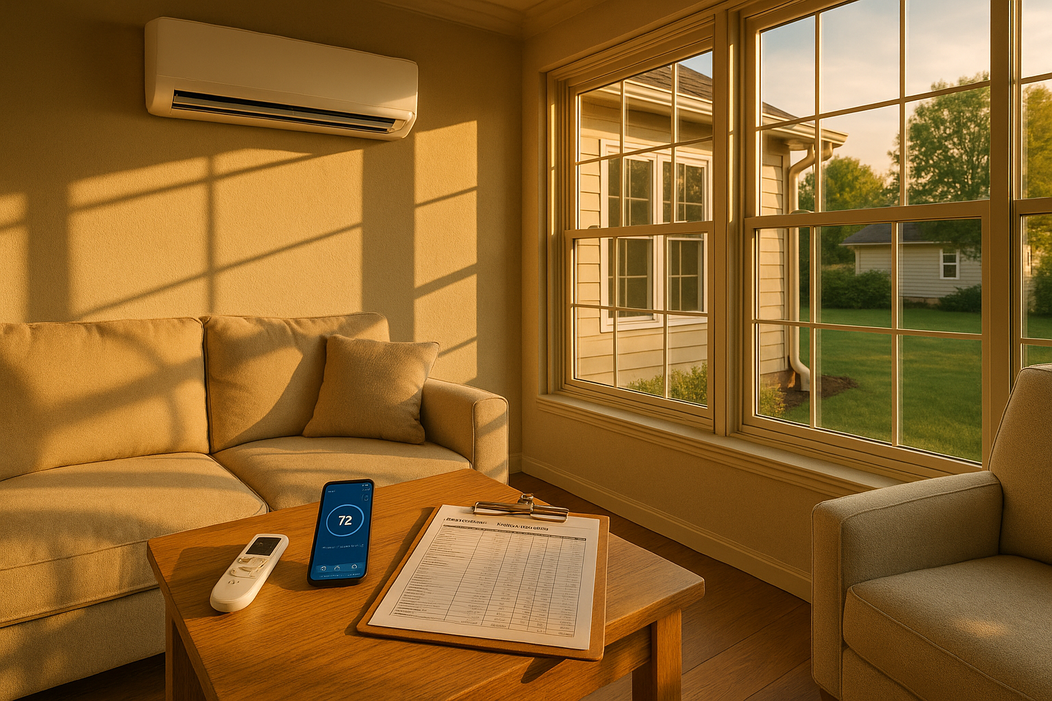 Sunroom with high wall-mounted mini-split, smartphone and remote on oak table, Manual J clipboard, warm golden hour light, visible painted exterior line-set.
