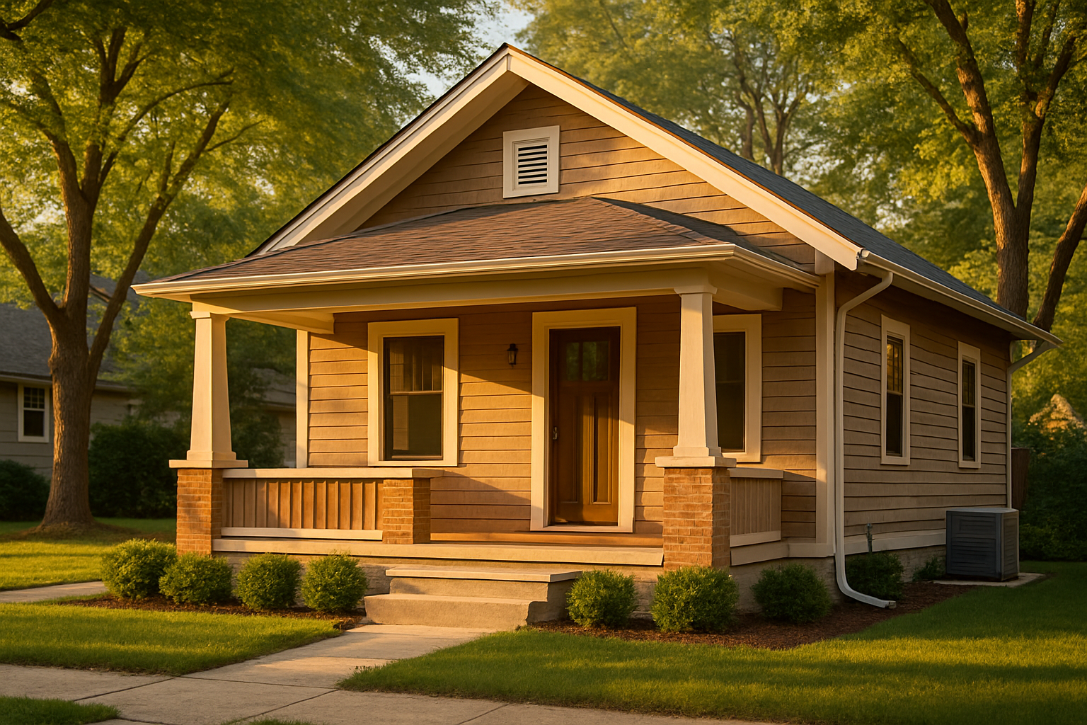Broad Ripple bungalow exterior at golden hour with wood siding, porch, yard, and condenser context.