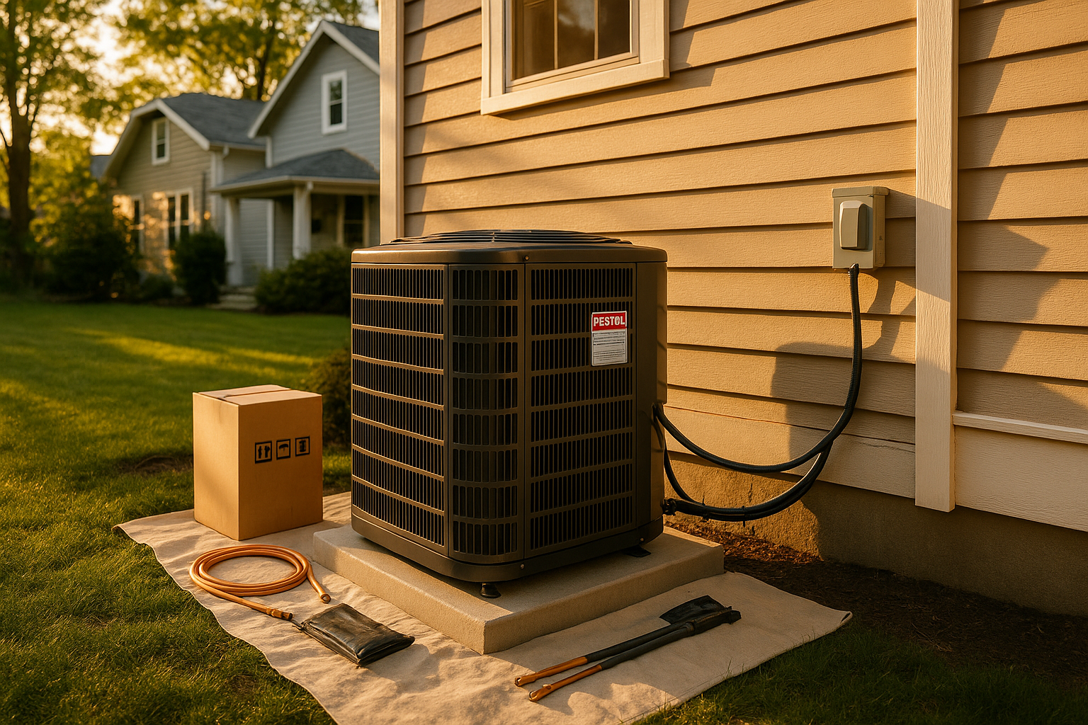Outdoor condenser on concrete pad beside Broad Ripple bungalow at golden hour; visible disconnect, staged materials, tidy yard and warm light.