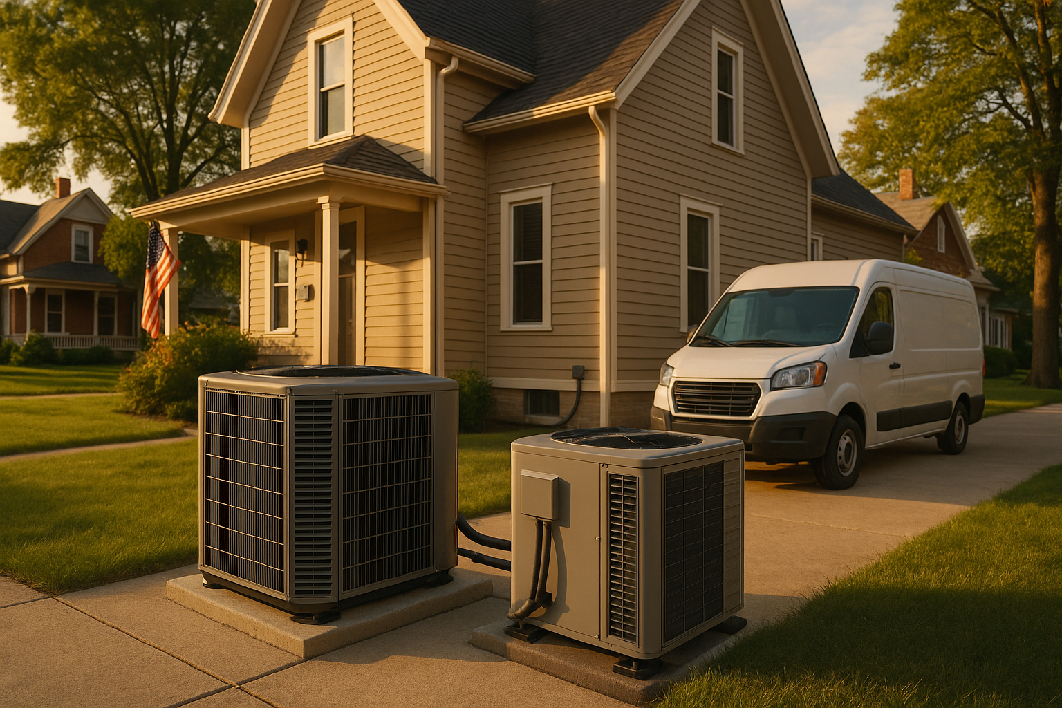 Golden-hour Noblesville suburban exterior with AC condenser, heat pump, concrete pad and unbranded van, mature trees and sidewalk.