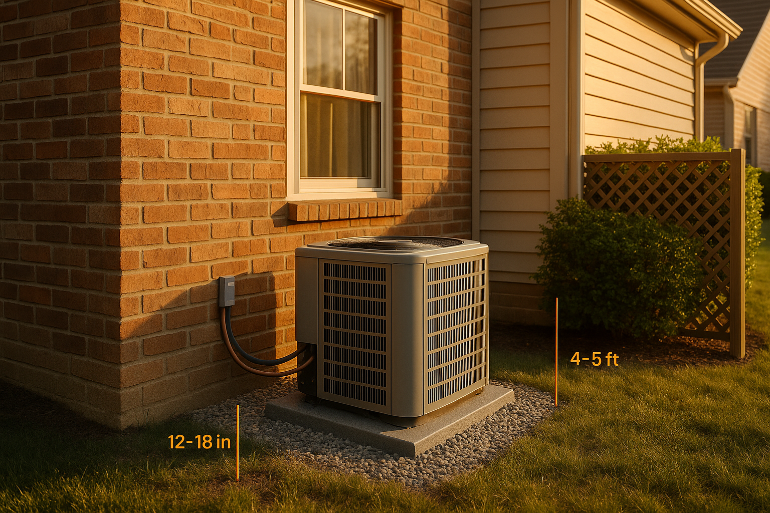 Heat pump on composite pad beside bedroom window, copper line on brick wall, golden-hour suburban side yard.