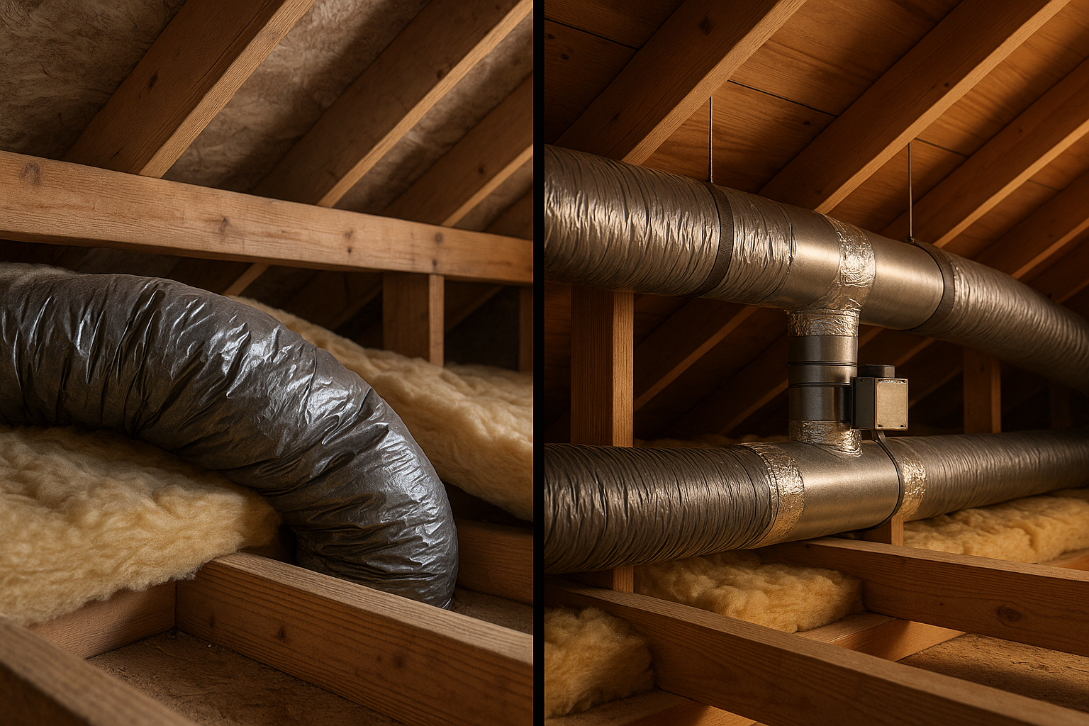 Split attic before/after: crushed flex duct vs repaired sealed ducts with zone damper, warm natural light.