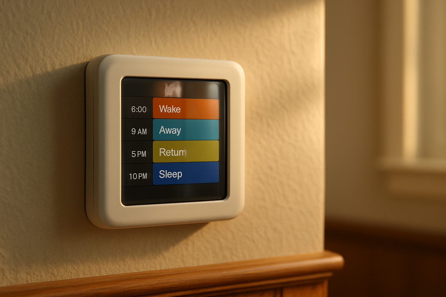 Programmable thermostat close-up on textured wall, schedule bands visible, warm golden-hour light, mid-century interior context.