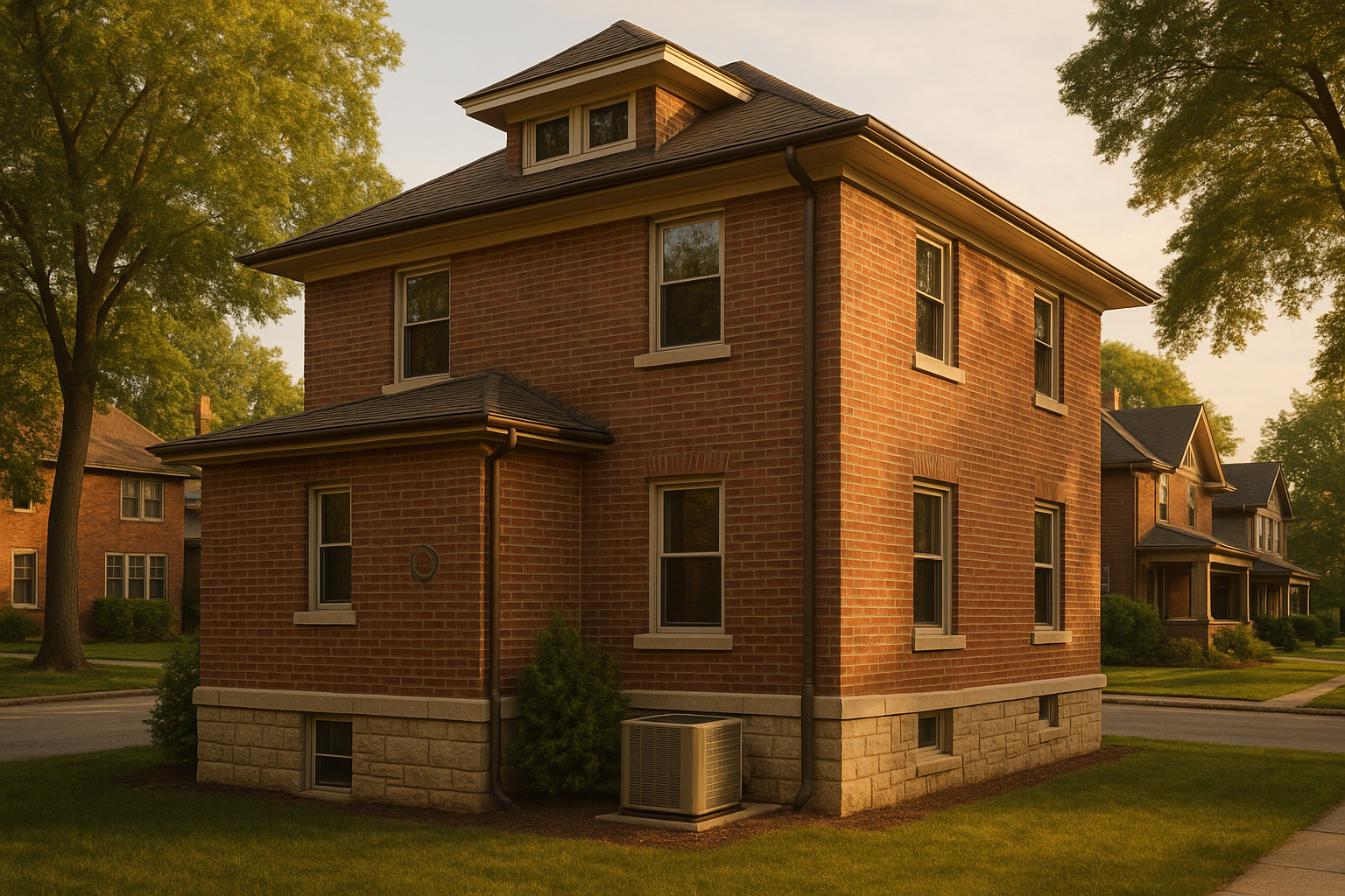 1920s brick foursquare rear elevation with painted concentric vent and limestone foundation in warm golden-hour light.