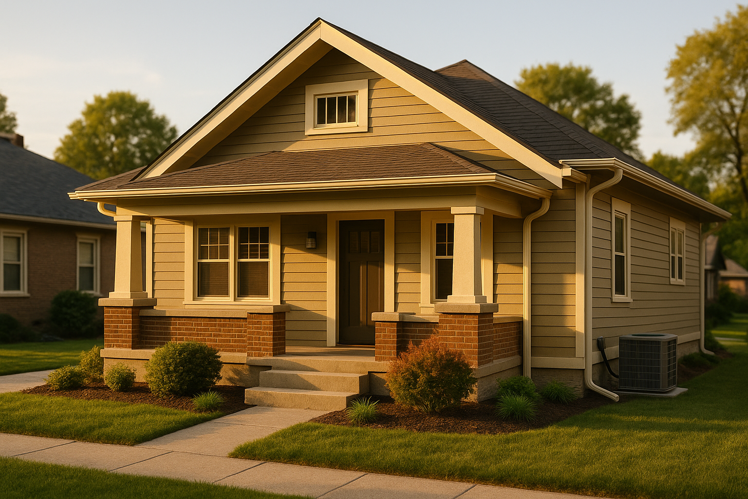 Meridian-Kessler style 1,900 sq ft bungalow exterior at golden hour with AC pad visible, suburban Indianapolis setting.