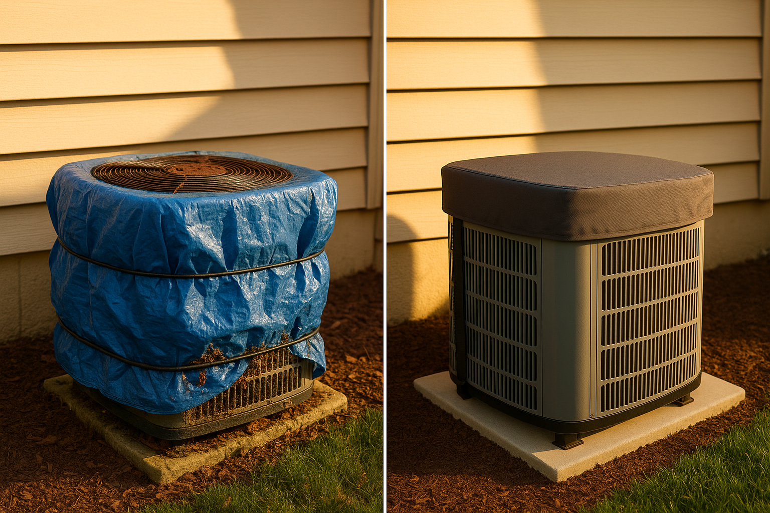 Split view: left condenser wrapped in blue plastic with rust and pooled water; right condenser with breathable top-only polyester cover, golden hour.