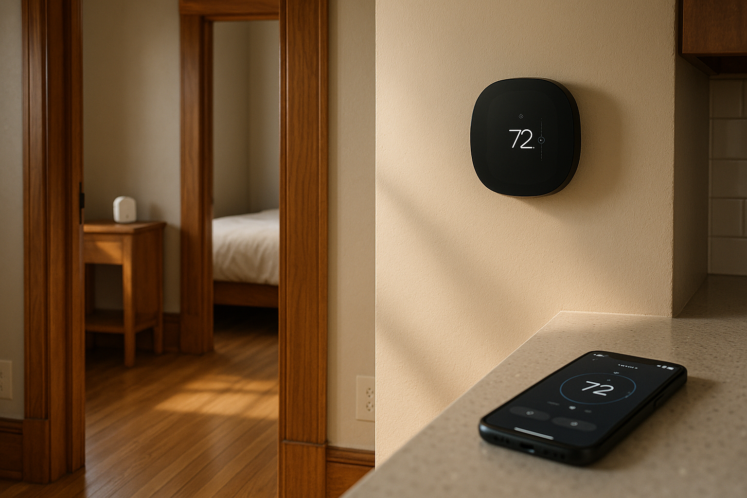Hallway with wall-mounted smart thermostat, bedside remote sensor visible, smartphone on counter; warm daylight, wood floors, plaster walls.