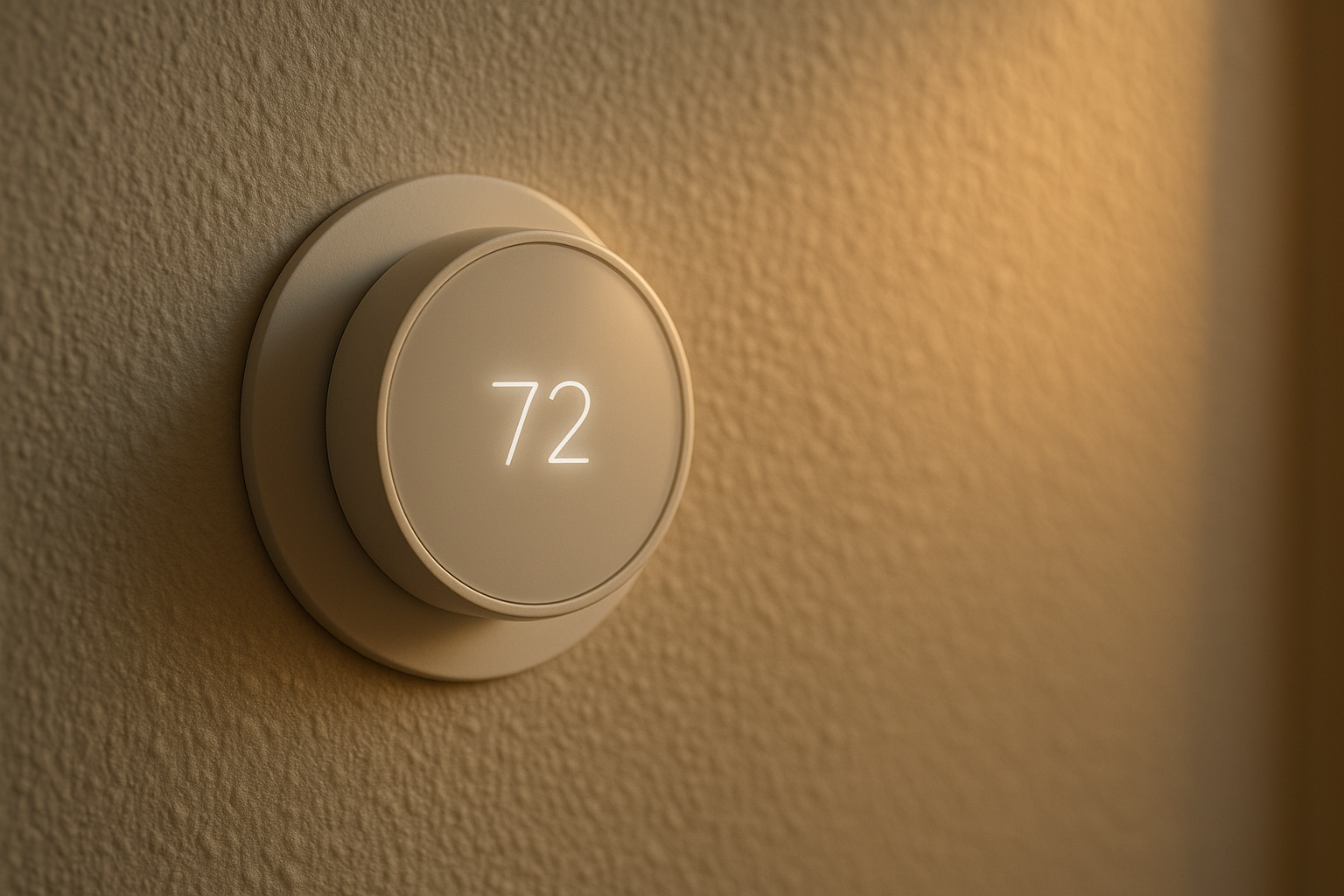 Close-up of matte white unbranded smart thermostat on textured painted wall in warm golden hour light.