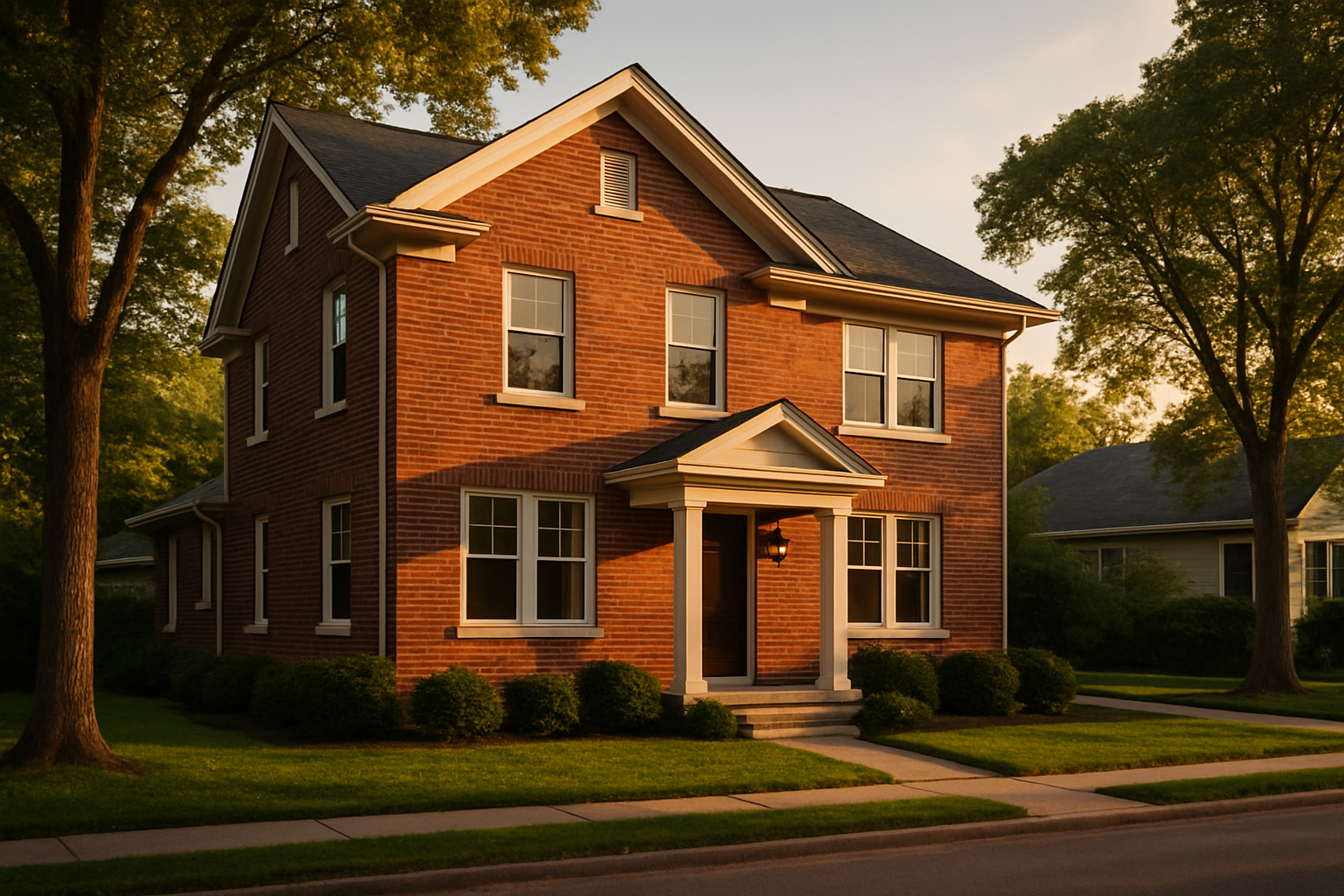 Classic Broad Ripple two-story brick house at golden hour, second-floor windows, warm natural light, lawn and tree-lined street.