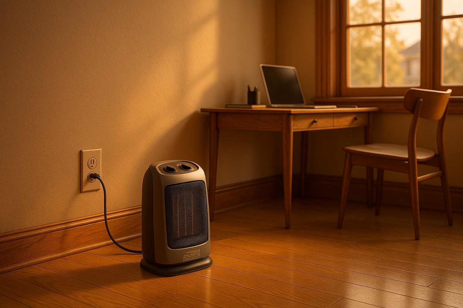 Home office hardwood floor with 1500W ceramic heater on a flat surface, warm light, clear 3-foot zone, plug in wall outlet.