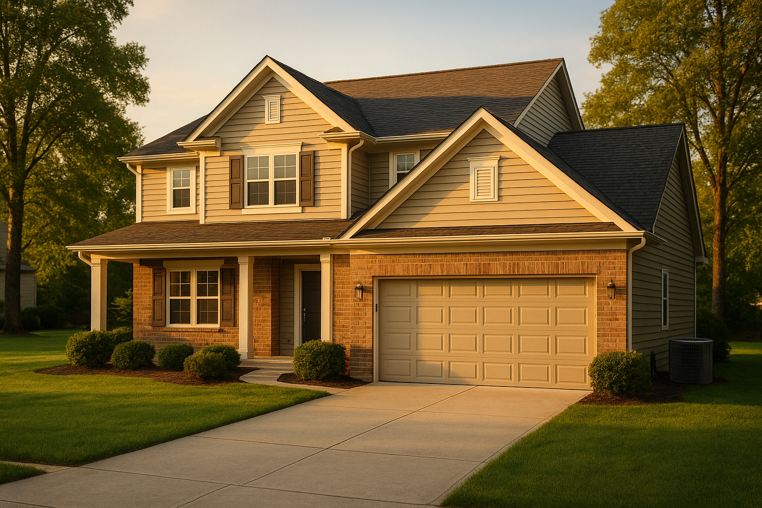Two-story suburban Indianapolis-area home at golden hour, siding, roof, yard, visible AC condenser, warm natural light.