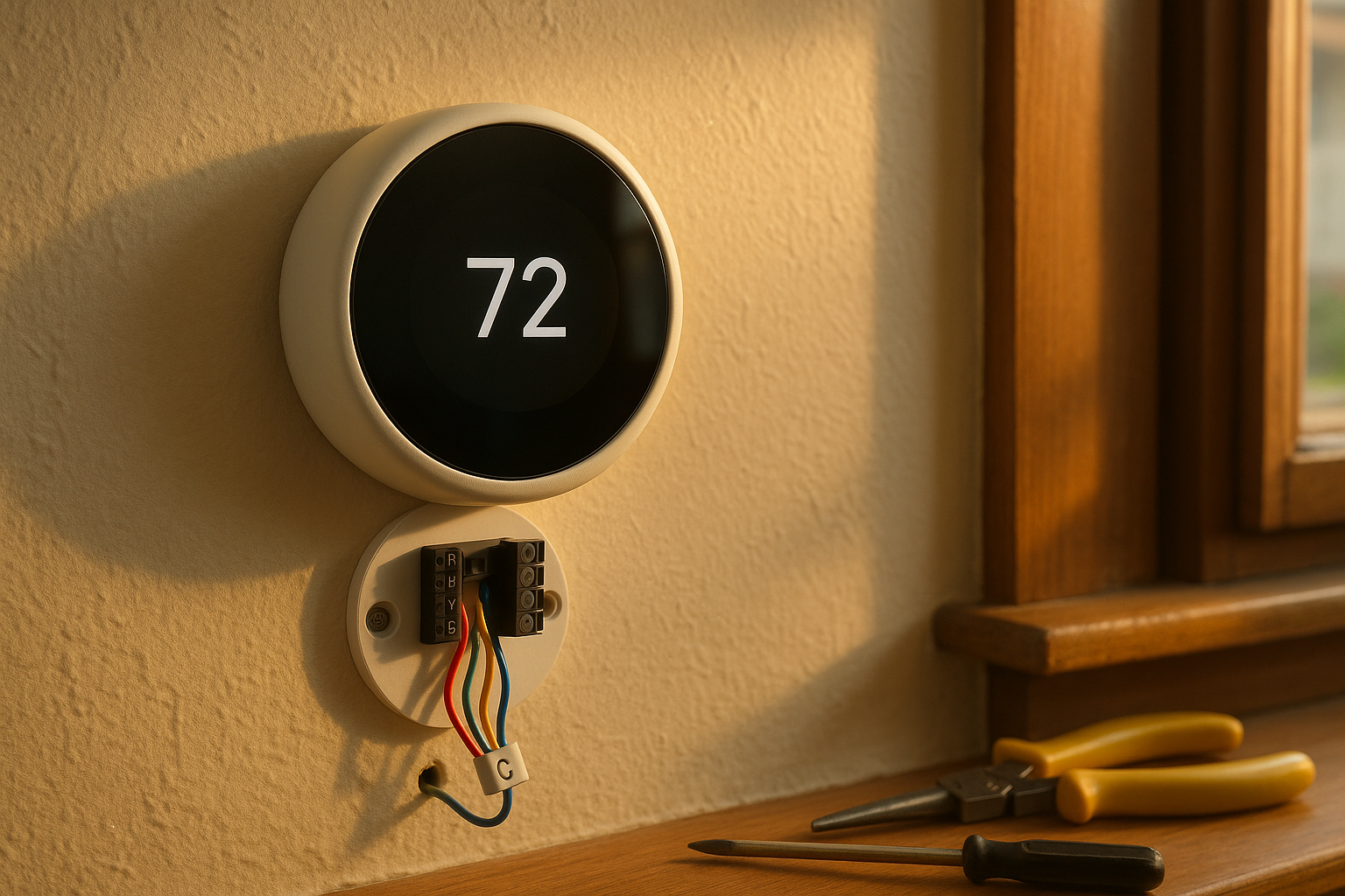 Close-up of smart thermostat base removed on plaster wall, color-coded wires and labeled 'C' terminal in warm golden-hour light.