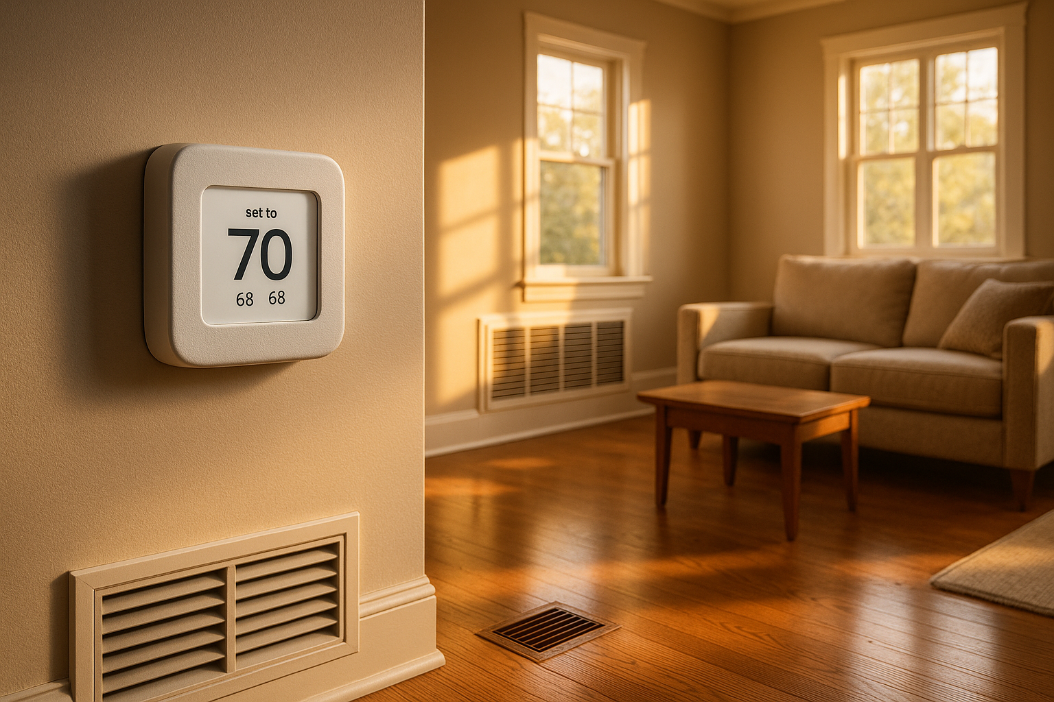 Thermostat reads 70 set / 68 current in sunlit Indianapolis living room with visible supply vent and return grille.
