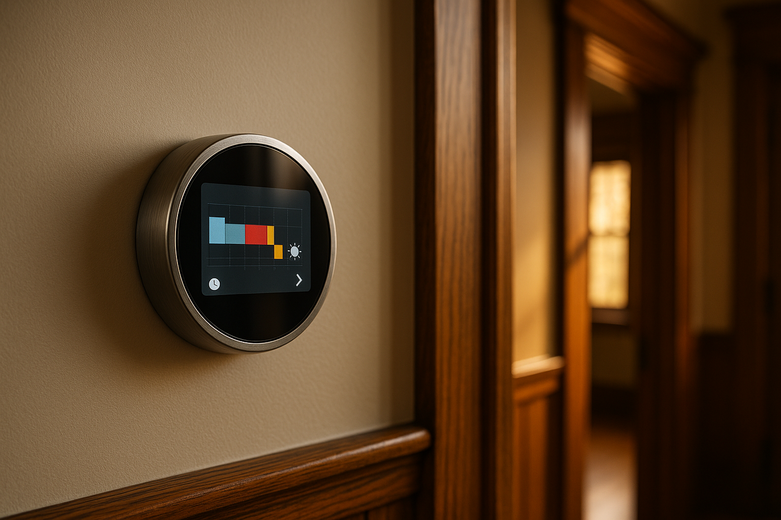Close-up of a wall-mounted smart thermostat in a Craftsman hallway, brushed metal bezel, warm golden-hour light highlighting wood trim.