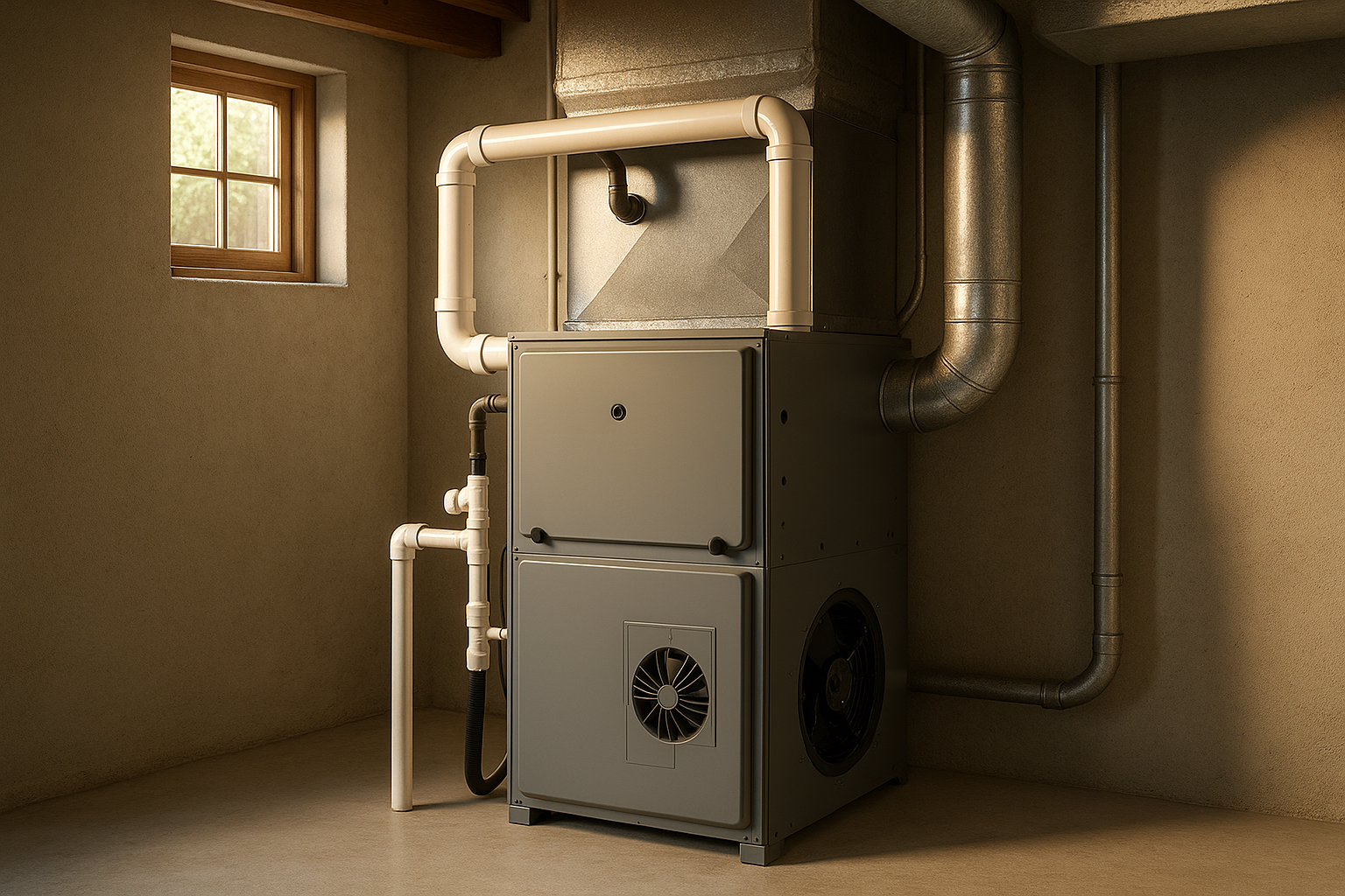 High-efficiency condensing furnace in a clean basement with PVC flue and condensate drain, warm daylight and utility lighting.
