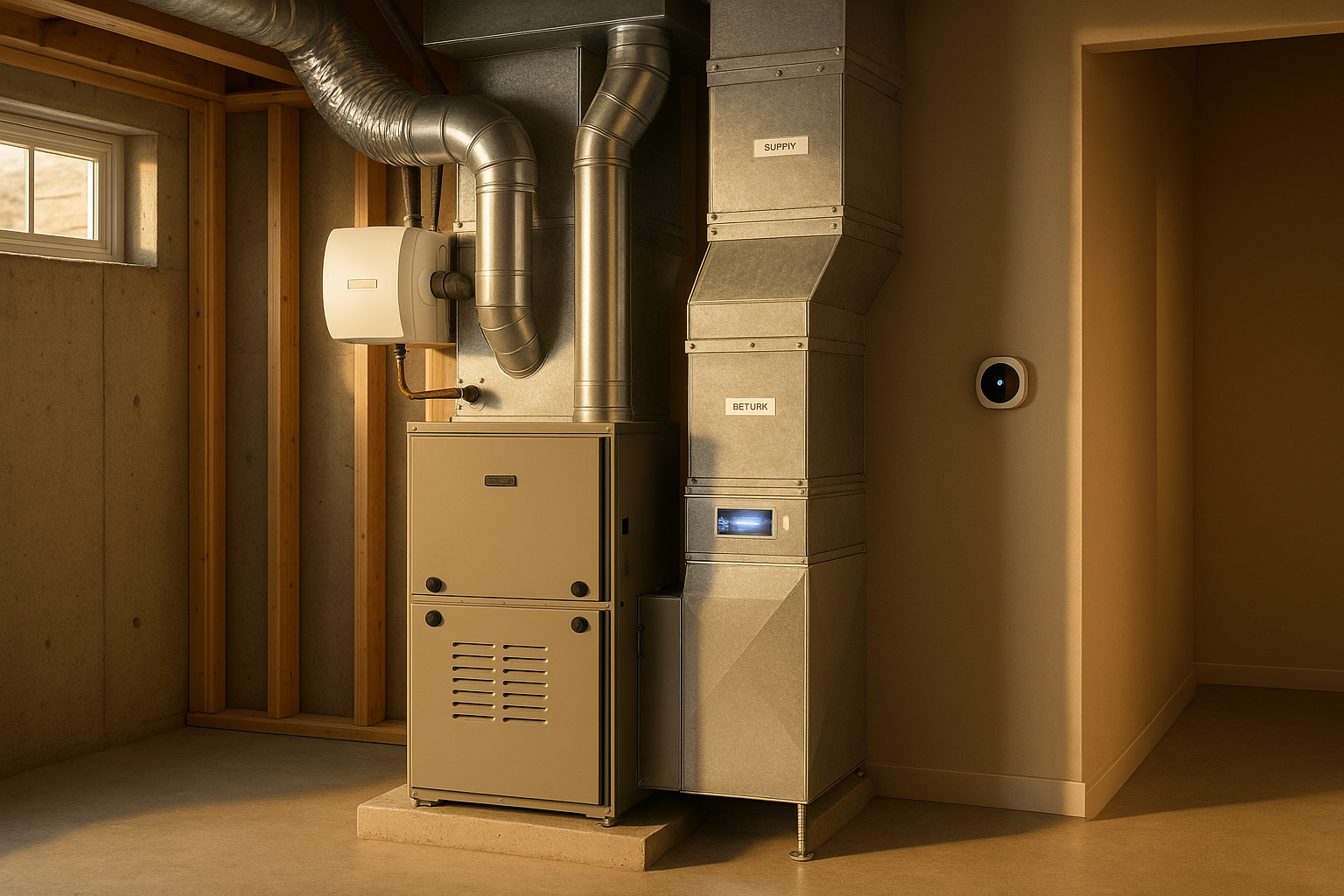 Basement utility room with high-efficiency furnace, humidifier, sealed metal ducts, UV-equipped air handler, smart thermostat, warm daylight.