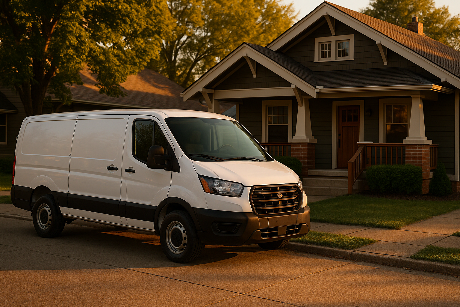 Craftsman-style Indianapolis home at golden hour with unbranded service van on driveway, warm natural light on architecture.