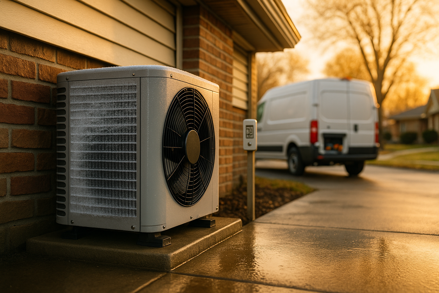 Close-up outdoor heat pump with light frost by a brick ranch at golden hour, unbranded van and thermometer visible.