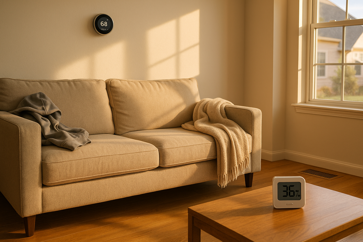Cozy living room with thermostat set to 68–70°F and tabletop hygrometer ~30–40% RH, hardwood floor, warm golden daylight.