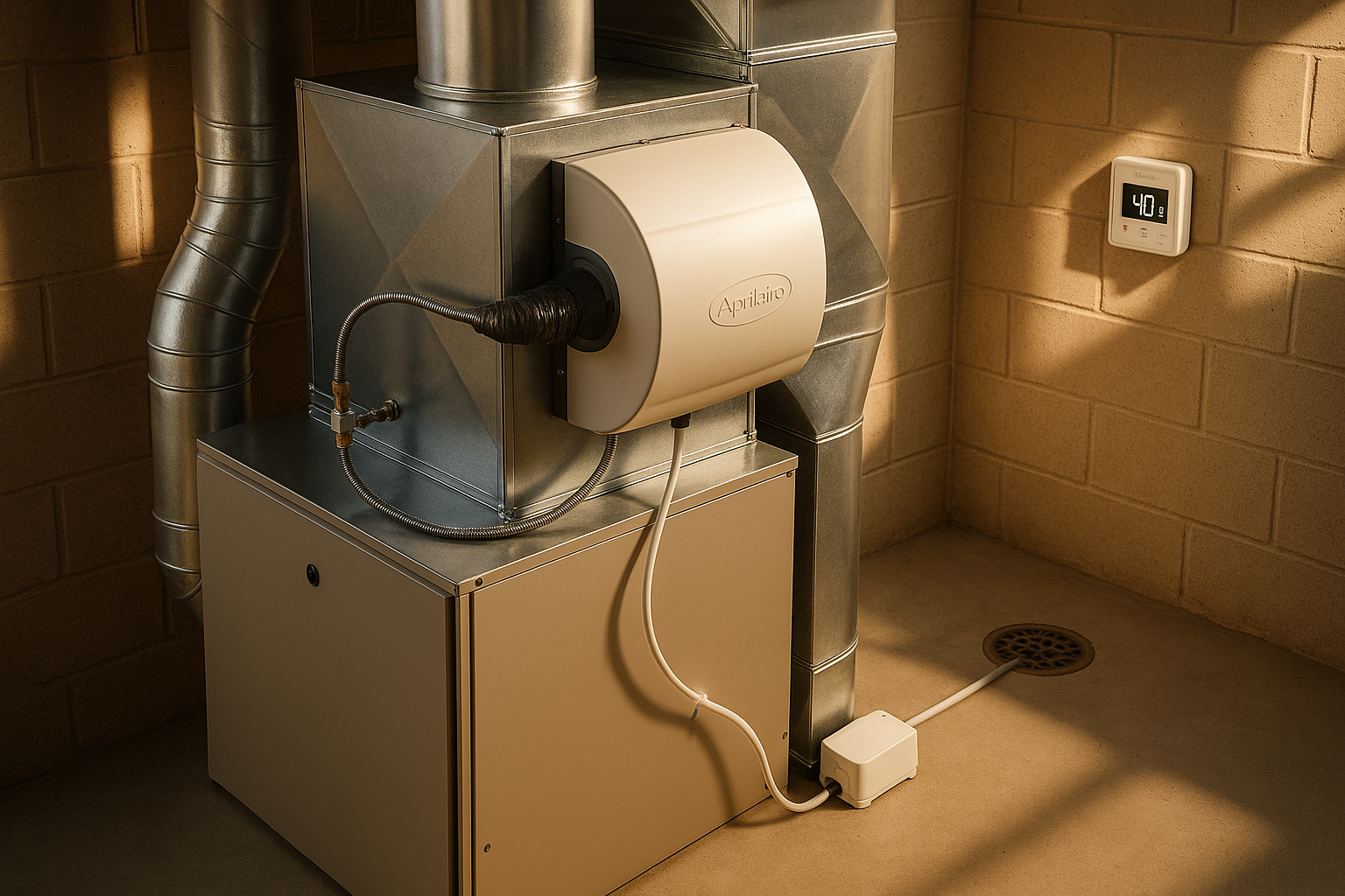 Basement furnace plenum with whole-home humidifier, braided water line, condensate drain, and humidistat in warm daylight.