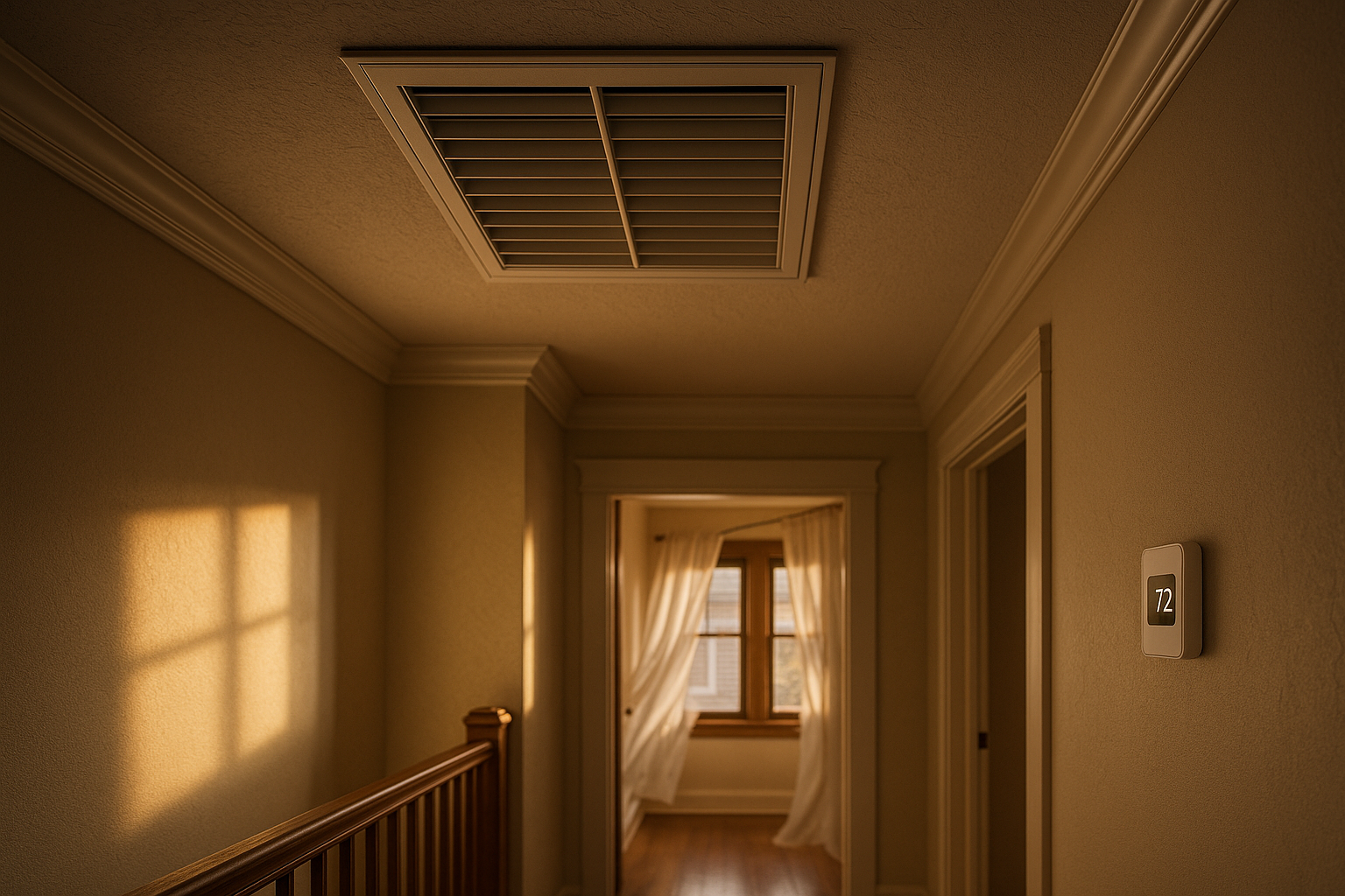 Upper-hallway ceiling with flush whole-house fan grille, insulated damper edge, thermostat and billowing sheer curtains in golden light.